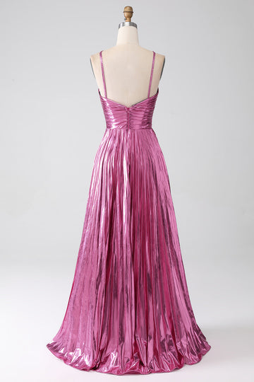 Abito da ballo plissettato fucsia A-Line con spalline sottili e spacco